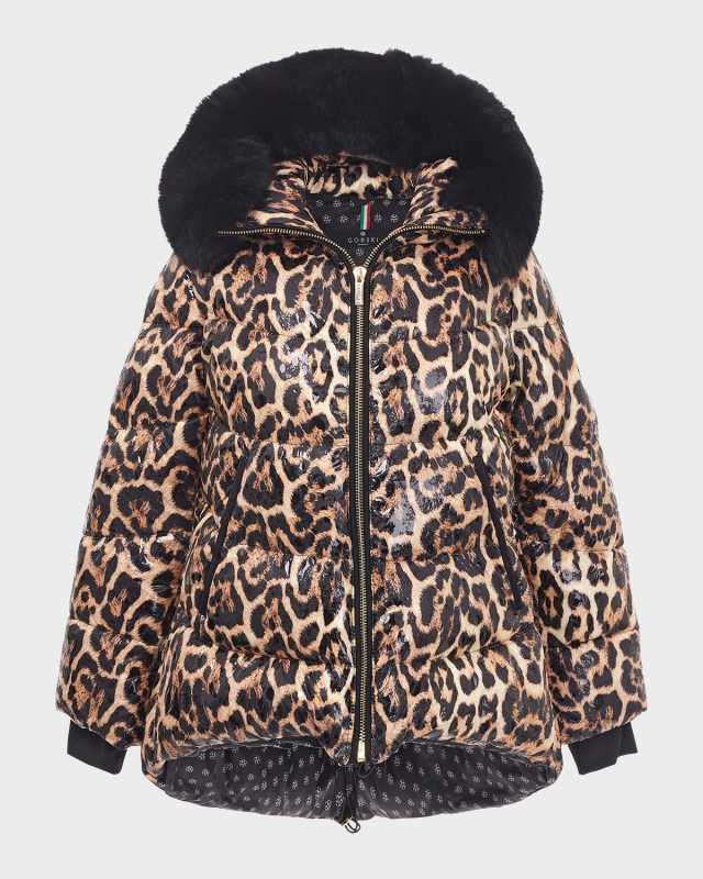Apres-Ski Shiny Animal-Print Jacket w/ Detachable Lamb Shearling Tr